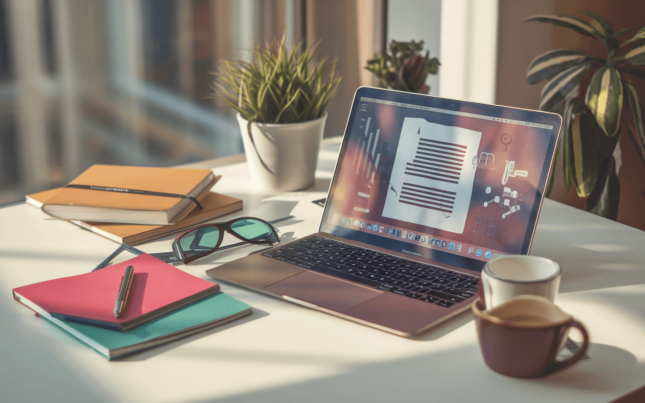Table de travail moderne avec ordinateur affichant du texte et des graphiques, entourée d'accessoires créatifs comme carnets, stylo, lunettes et café, sous une lumière naturelle, représentant la création de contenu web.