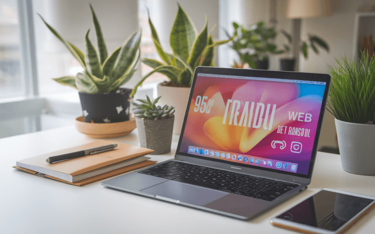 Bureau moderne avec ordinateur montrant trafic web en hausse, carnet de notes, smartphone gestion réseaux sociaux, plantes vertes, illustrant stratégie pour faire connaître son site internet.