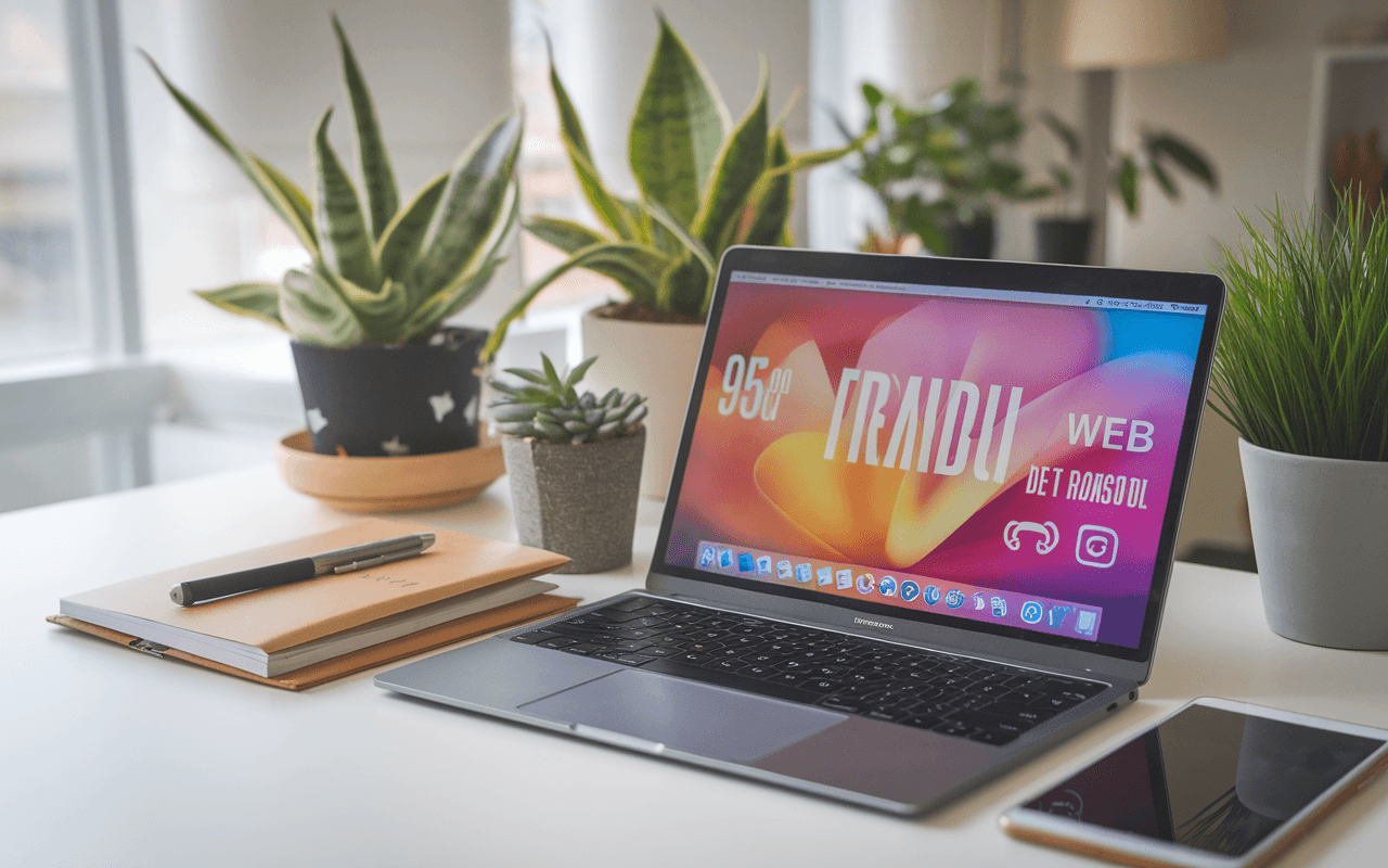 Bureau moderne avec ordinateur montrant trafic web en hausse, carnet de notes, smartphone gestion réseaux sociaux, plantes vertes, illustrant stratégie pour faire connaître son site internet.