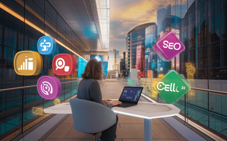 Personne travaillant sur un ordinateur portable dans un espace futuriste avec des hologrammes de marketing numérique, illustrant comment faire connaître son site internet en 2025.