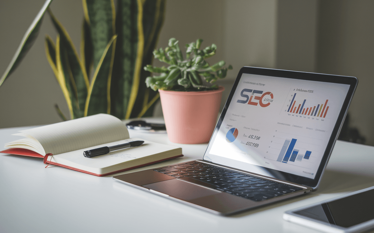 Bureau moderne avec ordinateur portable affichant des graphiques SEO et carnet de notes, illustrant comment faire connaître son site internet en 2025.