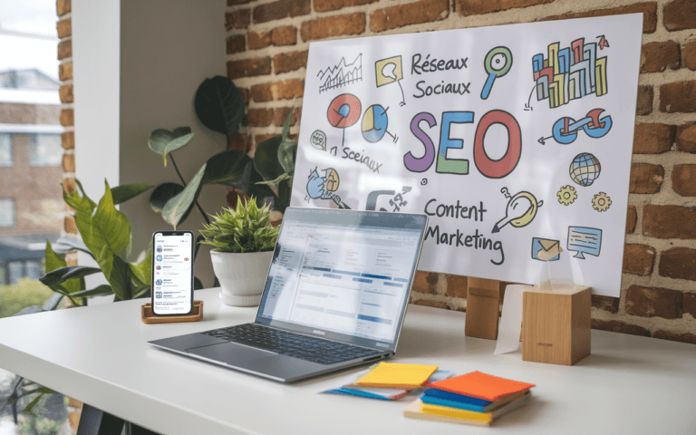 Bureau moderne avec ordinateur portable affichant un tableau de bord d'analyse pour faire connaître son site internet, smartphone avec notifications de réseaux sociaux, et tableau blanc avec schémas SEO et content marketing.