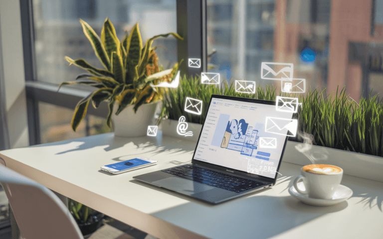 Un bureau moderne avec un ordinateur portable affichant un logiciel de gestion d'email marketing, tasse de café et smartphone avec notifications, illustrant l'importance de l'email marketing pour faire connaître son site internet en 2025.