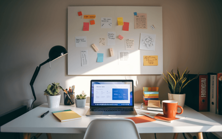 Bureau à domicile avec ordinateur affichant interface de gestion pour faire connaître son site internet, entouré de blocs-notes, stylos, café et tableau blanc avec stratégies créatives.