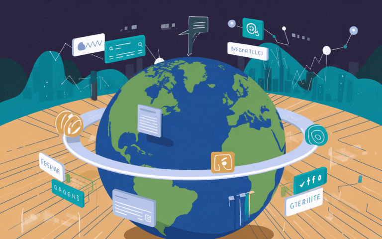 Illustration numérique d'un globe terrestre entouré de symboles technologiques et numériques, tels que des icônes de moteurs de recherche et des graphiques de croissance, symbolisant comment le référencement naturel aide à faire connaître son site internet à l'échelle mondiale.