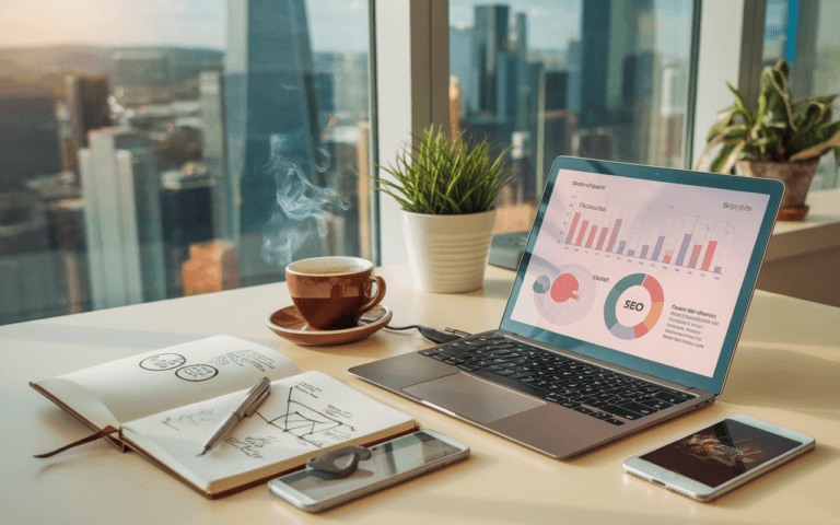 Poste de travail moderne de freelance SEO avec ordinateur portable affichant des graphiques SEO, carnet annoté, café fumant et smartphone, symbolisant la créativité et l'analyse stratégique dans un environnement digital dynamique.