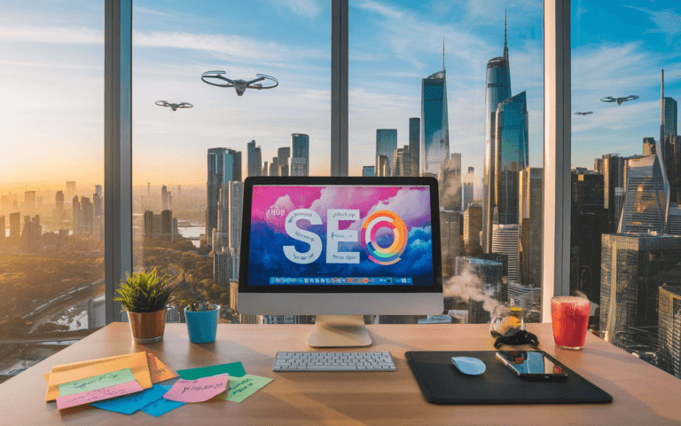 Bureau moderne avec ordinateur affichant un tableau de bord SEO, notes autocollantes de mots-clés, café fumant, smartphone avec notifications, et vue sur une ville futuriste; ambiance inspirante pour freelances SEO.