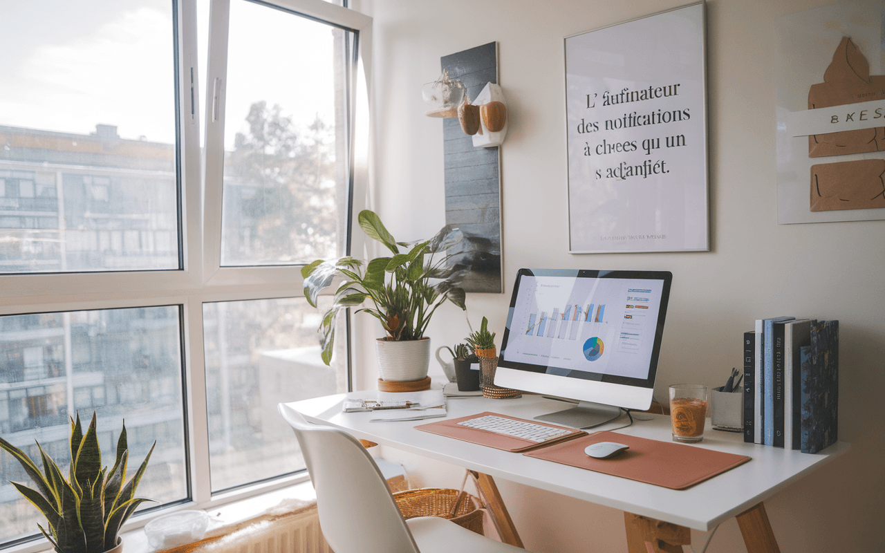 Bureau moderne de freelance SEO avec un ordinateur portable affichant des données SEO, smartphone avec notifications professionnelles, carnet, café et plante verte, symbolisant l'avenir flexible du travail en indépendance.