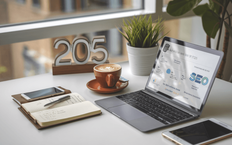 Bureau moderne avec ordinateur portable affichant des graphiques de SEO, carnet d'annotations, smartphone et café, illustrant l'avenir du travail freelance SEO en 2025.