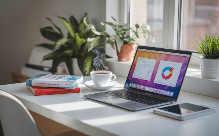 Bureau moderne de freelance SEO à domicile avec ordinateur portable affichant graphiques de données SEO, livres sur le marketing digital, tasse de café, lumière naturelle et plante verte.