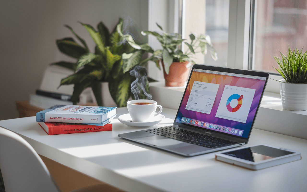 Bureau moderne de freelance SEO à domicile avec ordinateur portable affichant graphiques de données SEO, livres sur le marketing digital, tasse de café, lumière naturelle et plante verte.