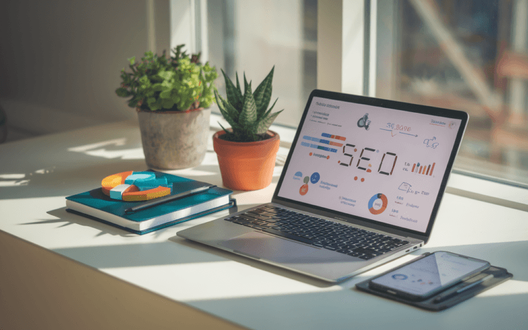 Bureau de travail à domicile moderne avec ordinateur portable affichant un tableau de bord SEO, symbolisant le travail freelance en SEO en 2025, entouré de carnets, smartphone avec graphiques et plante décorative.