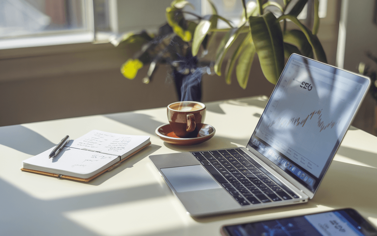 Bureau moderne avec ordinateur portable montrant un graphique de croissance, carnet et smartphone avec notifications SEO, représentant les freelances en SEO.