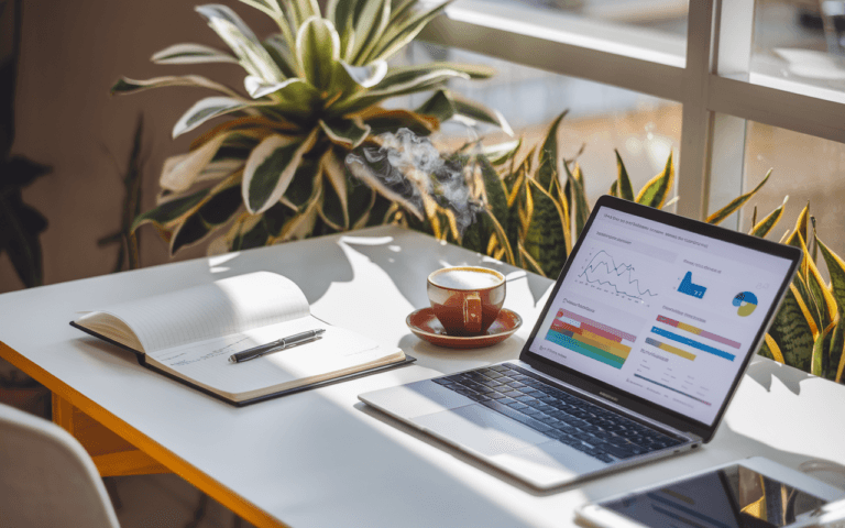 Bureau moderne avec ordinateur portable affichant des analyses SEO, carnet avec notes, et café, illustrant la stratégie de tarification pour freelance SEO.