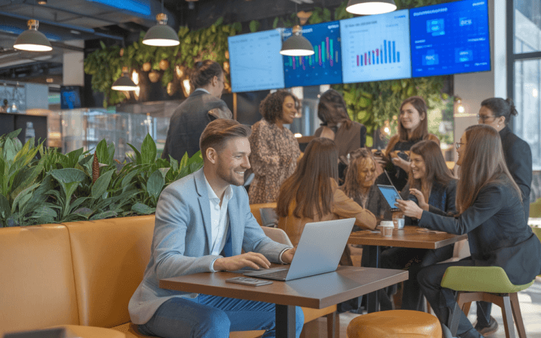 Consultant freelance SEO travaillant dans un café moderne de 2025, entouré de professionnels divers en plein networking digital.
