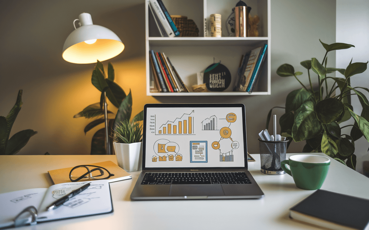 Bureau moderne avec ordinateur affichant des graphiques pour le marketing de contenu, carnet avec croquis, café et étagère de livres sur le marketing. Environnement de travail créatif et productif.