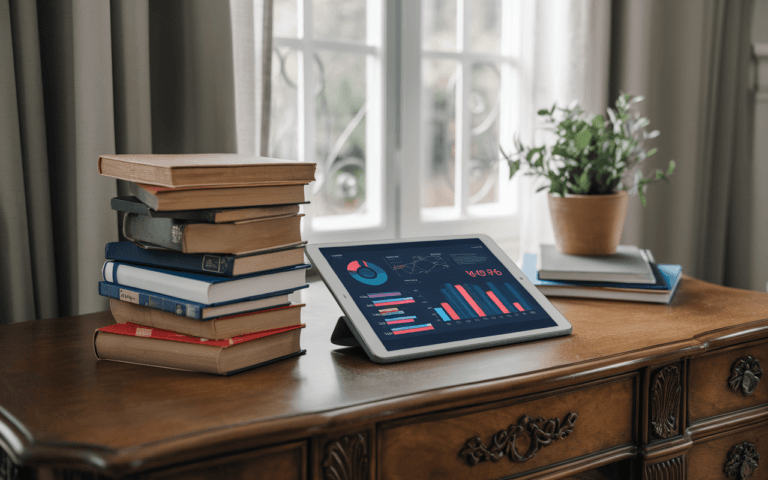 Image d'une pile de livres anciens et d'une tablette numérique affichant des graphiques colorés, symbolisant l'évolution vers le marketing de contenu moderne.