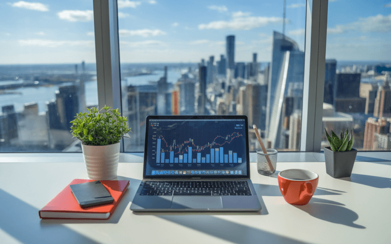 Bureau moderne avec ordinateur portable montrant graphique de croissance du marketing de contenu, carnet, stylo et café, vue sur ville animée à travers une fenêtre.