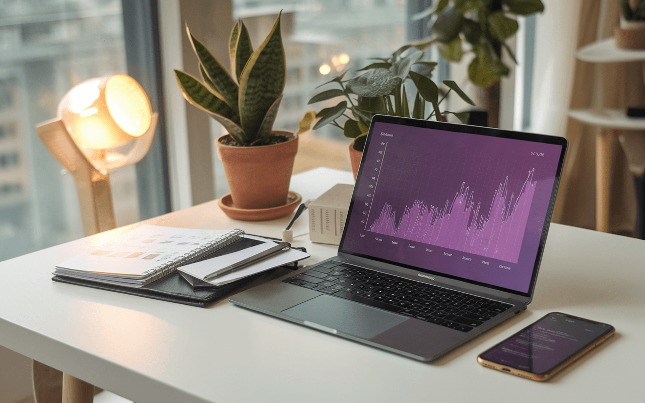 Bureau moderne et épuré avec ordinateur portable affichant un graphique de croissance, carnet de notes de stratégie marketing, smartphone avec notifications de réseaux sociaux, plantes d'intérieur, éclairage chaleureux, représentant le marketing de contenu en 2025.
