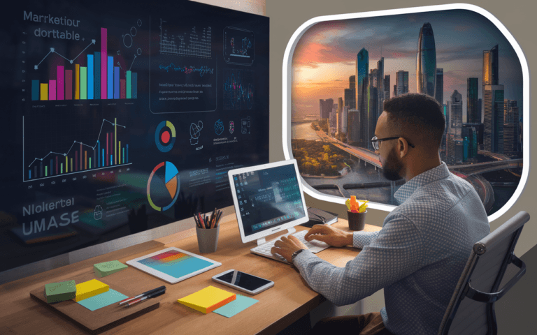 Professionnel du marketing de contenu au bureau, analysant des graphiques numériques colorés sur ordinateur portable, avec vue sur ville futuriste.