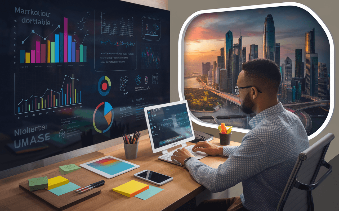 Professionnel du marketing de contenu au bureau, analysant des graphiques numériques colorés sur ordinateur portable, avec vue sur ville futuriste.