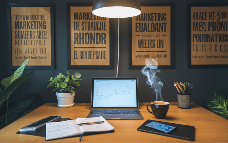 Bureau moderne illustrant le marketing de contenu avec affiches motivantes, ordinateur affichant des graphiques, carnet de stratégies et notifications de réseaux sociaux.