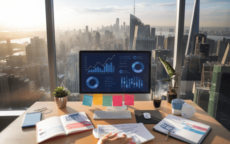 Bureau moderne 2025 avec écran affichant des statistiques de marketing de contenu, entouré de notes colorées, cahiers de stratégies, smartphone avec notifications, et vue d'une ville futuriste par la fenêtre.