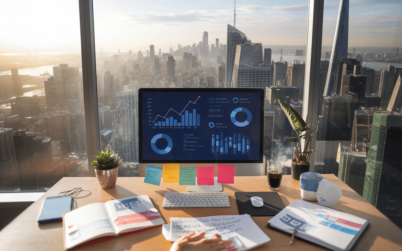 Bureau moderne 2025 avec écran affichant des statistiques de marketing de contenu, entouré de notes colorées, cahiers de stratégies, smartphone avec notifications, et vue d'une ville futuriste par la fenêtre.