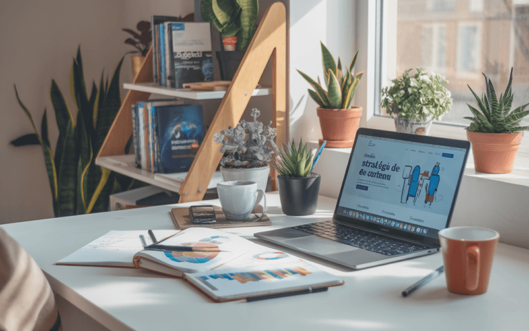 Bureau moderne avec ordinateur affichant stratégie de contenu, carnet de notes et graphiques, éléments de marketing de contenu en 2025.