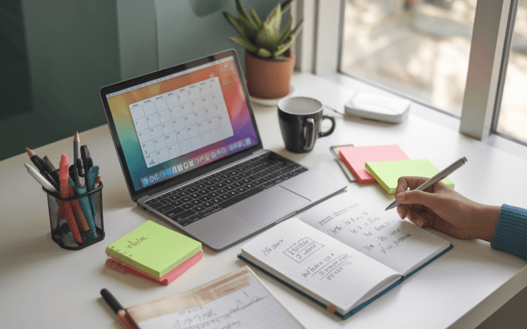 Bureau moderne avec ordinateur portable affichant calendrier numérique coloré, carnet de notes avec croquis, stylos, post-its et tasse de café suggérant une ambiance de marketing de contenu productive.