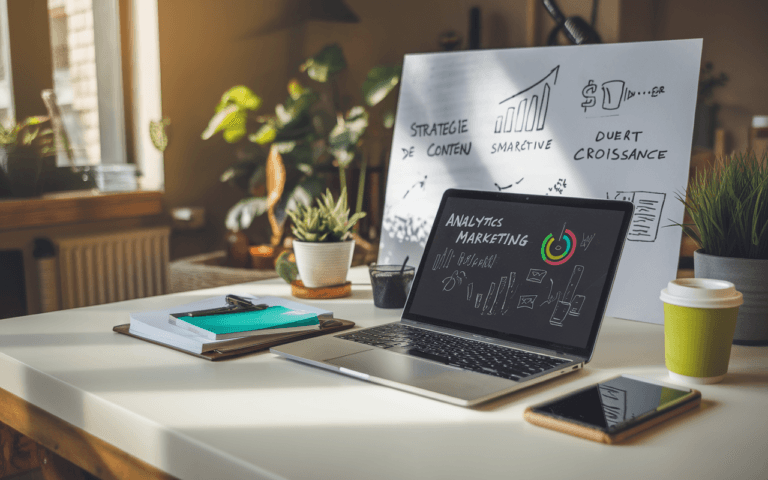 Bureau moderne avec ordinateur portable affichant analytics marketing, notes, smartphone, café ; tableau blanc avec stratégies de marketing de contenu.