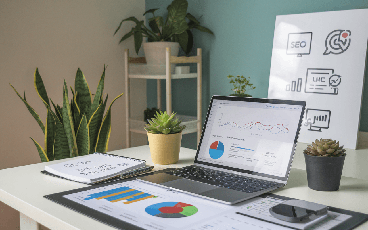 Bureau moderne avec ordinateur affichant tableau de bord d'analyse SEO en temps réel, carnet de notes avec mots-clés, plante verte et tableau marketing digital. Ambiance innovation en optimisation SEO.