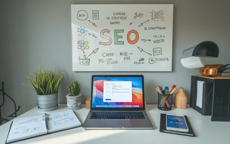 Bureau moderne avec ordinateur affichant une interface d'optimisation SEO, carnet de notes avec mots-clés, smartphone avec statistiques trafic, tableau blanc rempli de stratégie numérique.