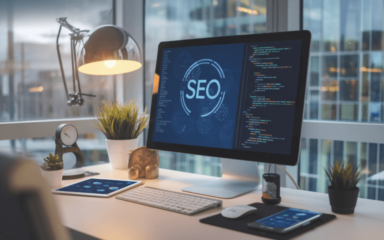 Bureau moderne avec écran d'ordinateur affichant des graphiques SEO et des lignes de code, intégrant l'IA pour l'optimisation SEO, entouré de gadgets technologiques, vue urbaine en arrière-plan.