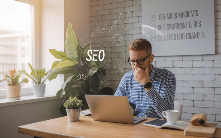 Entrepreneur travaillant sur l'optimisation SEO avec un ordinateur portable entouré de graphiques numériques et d'icônes de recherche dans un bureau moderne, illustrant les stratégies de croissance et la visibilité en ligne.