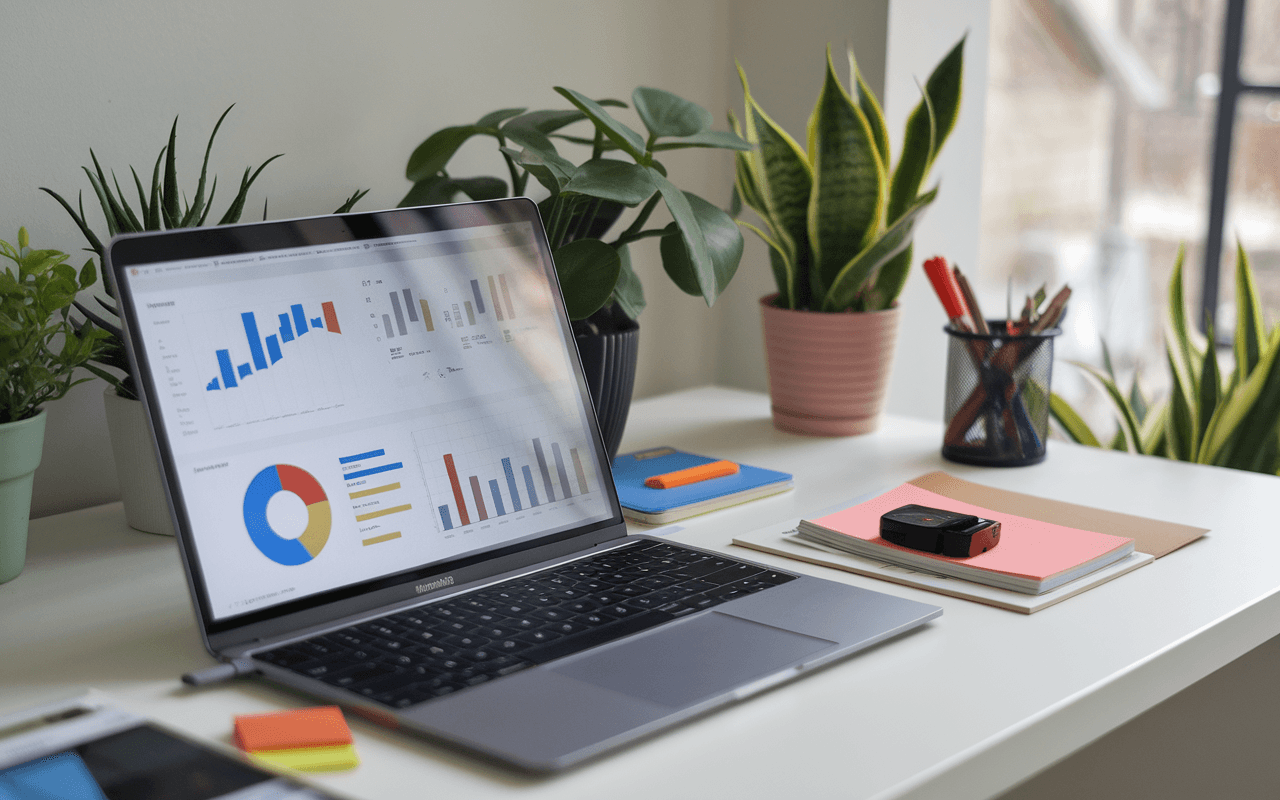 Bureau moderne avec ordinateur portable affichant des graphiques d'optimisation SEO, entouré de plantes et d'accessoires de bureau dans un cadre lumineux et productif.