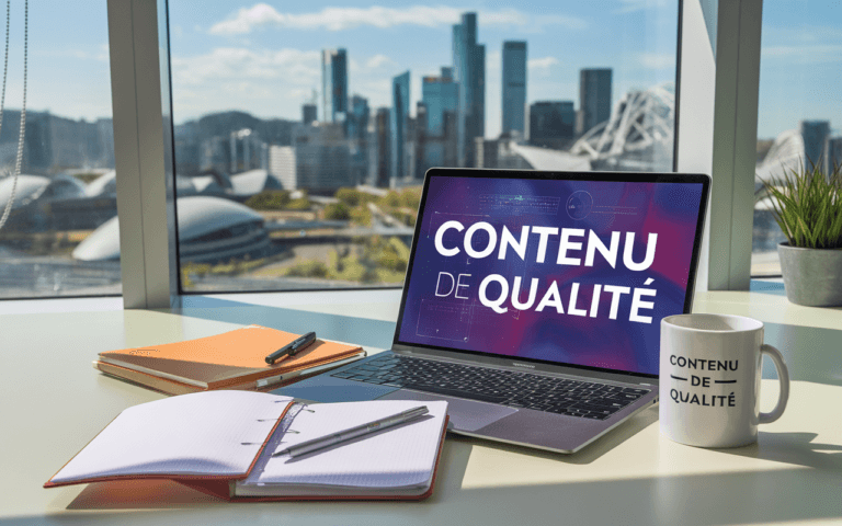Bureau moderne avec ordinateur portable affichant des graphiques d'optimisation SEO, cahiers ouverts, stylos et mug