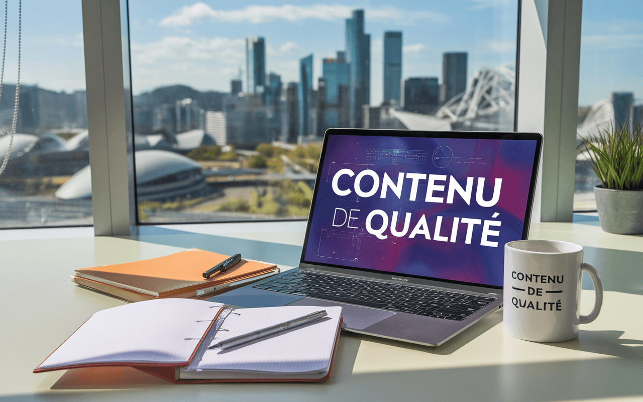 Bureau moderne avec ordinateur portable affichant des graphiques d'optimisation SEO, cahiers ouverts, stylos et mug
