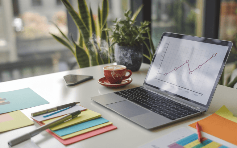 Bureau moderne avec ordinateur affichant un graphique de croissance, notes autocollantes sur tableau blanc présentant des stratégies SEO, plante verte et tasse de café symbolisant la réussite et l'optimisation SEO.