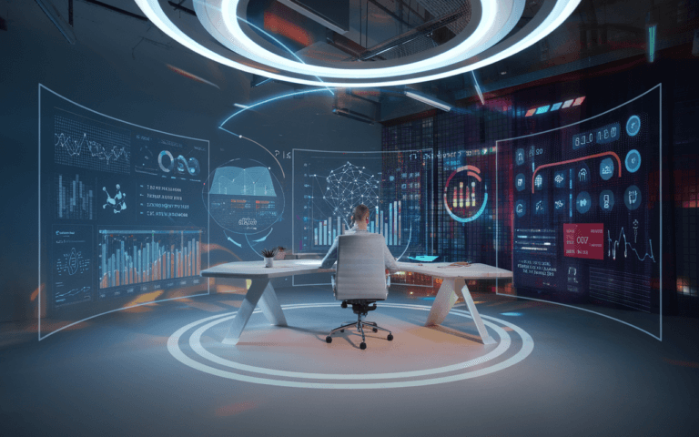 Personne travaillant dans un bureau futuriste avec écrans holographiques affichant des graphiques et icônes de tendances technologiques, illustrant la stratégie digitale.