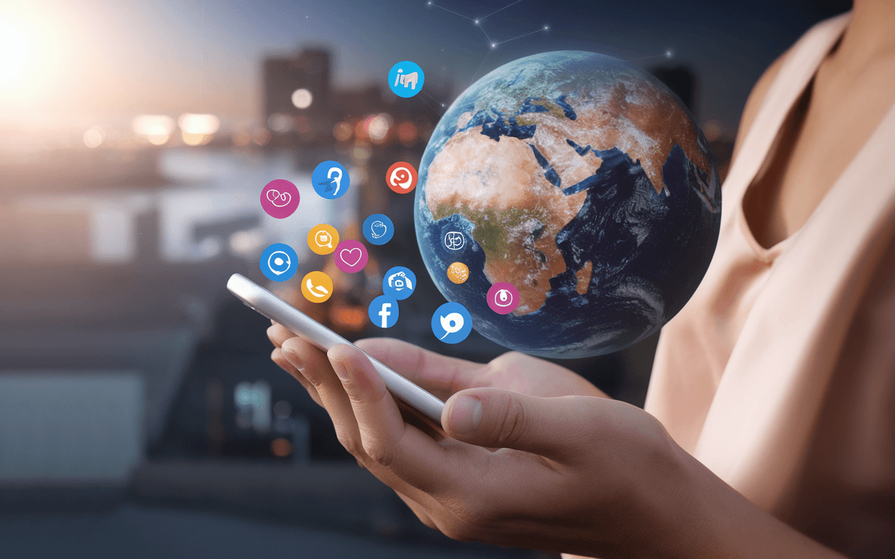 Main tenant un smartphone avec icônes de réseaux sociaux sur fond de globe terrestre, symbolisant l'impact mondial de la stratégie digitale.