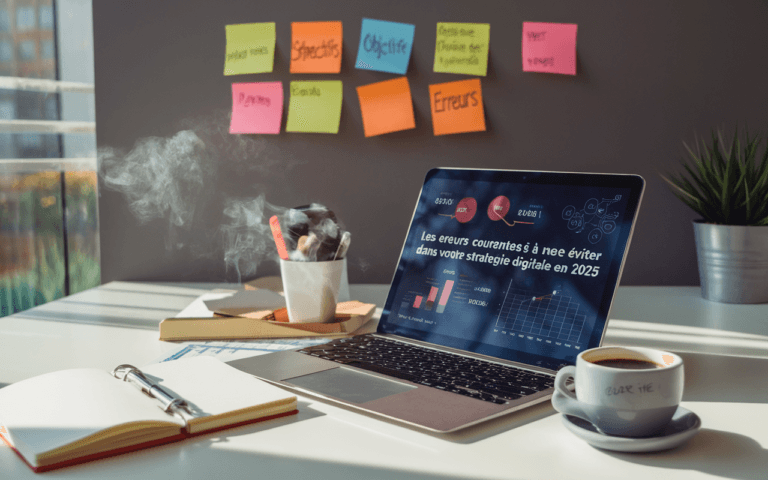 Ordinateur portable avec graphiques numériques, tasse de café et carnet sur bureau moderne illustrant une stratégie digitale innovante.