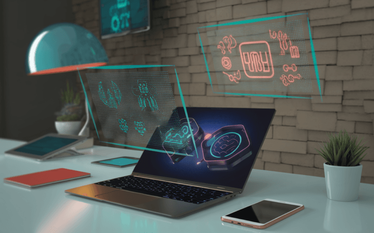 Bureau moderne avec écrans holographiques et éléments d'intelligence artificielle, symbolisant l'avenir de la stratégie digitale, entourés d'objets technologiques contemporains en tons bleus et métalliques.