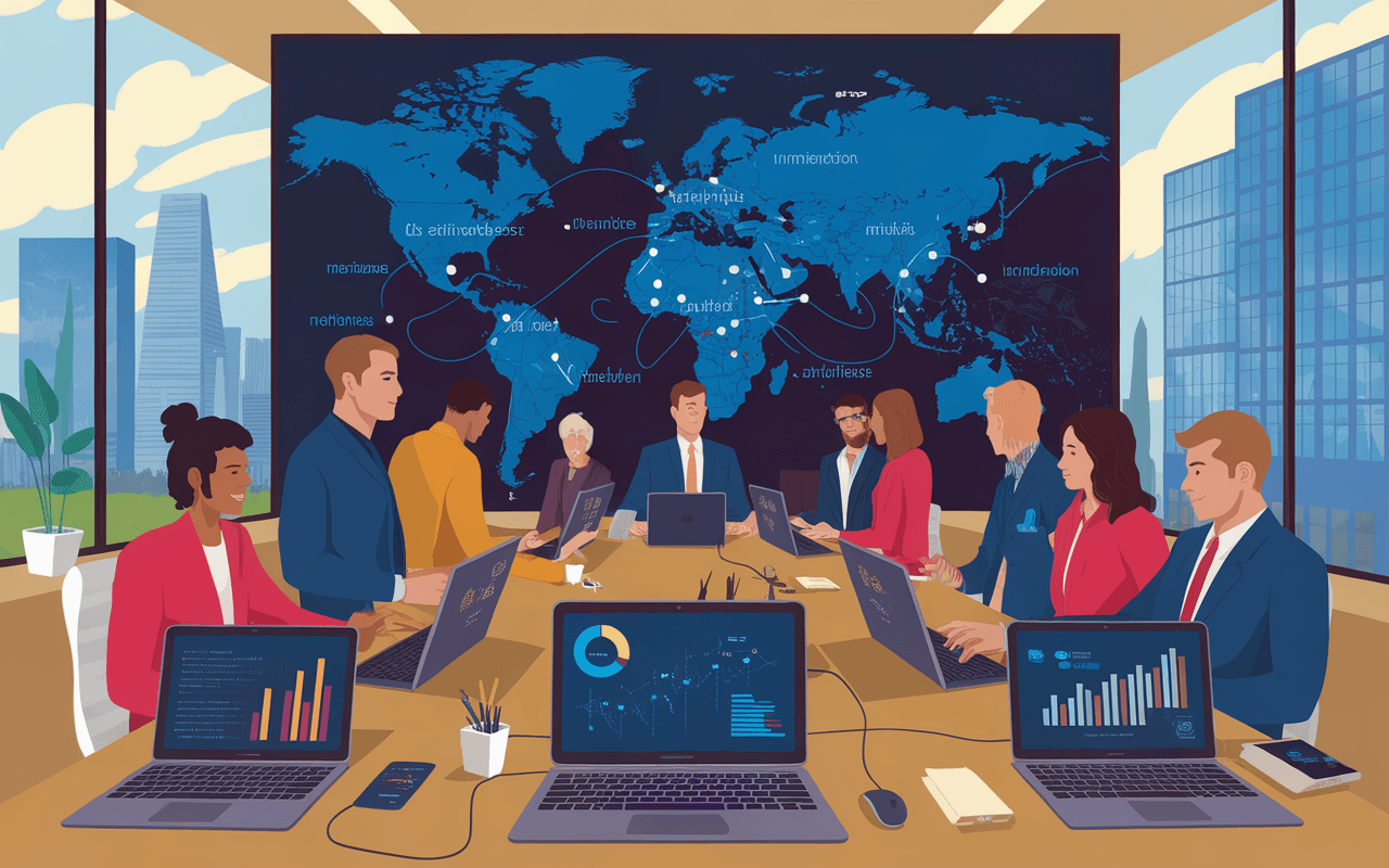 Équipe de PME collaborant sur une stratégie digitale avec ordinateurs portables montrant des graphiques, carte mondiale en fond illustrant l'expansion internationale.