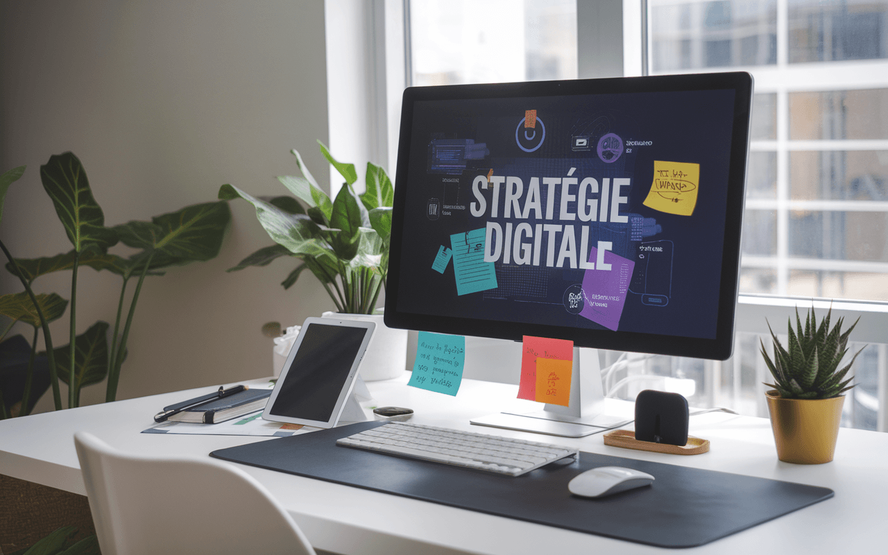 Bureau moderne avec écran affichant interface de gestion de stratégie digitale, entouré de tablette, smartphone, écouteurs sans fil et notes illustrant tendances numériques, plante verte et lumière naturelle.
