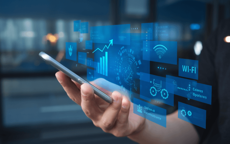Une main tenant un smartphone affichant une application de stratégie digitale moderne, avec en arrière-plan flou des icônes numériques, dans une palette futuriste bleue et argentée.