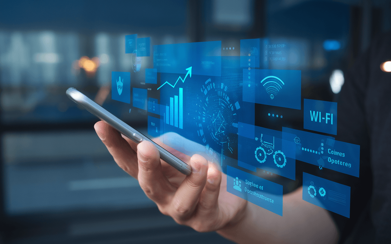 Une main tenant un smartphone affichant une application de stratégie digitale moderne, avec en arrière-plan flou des icônes numériques, dans une palette futuriste bleue et argentée.