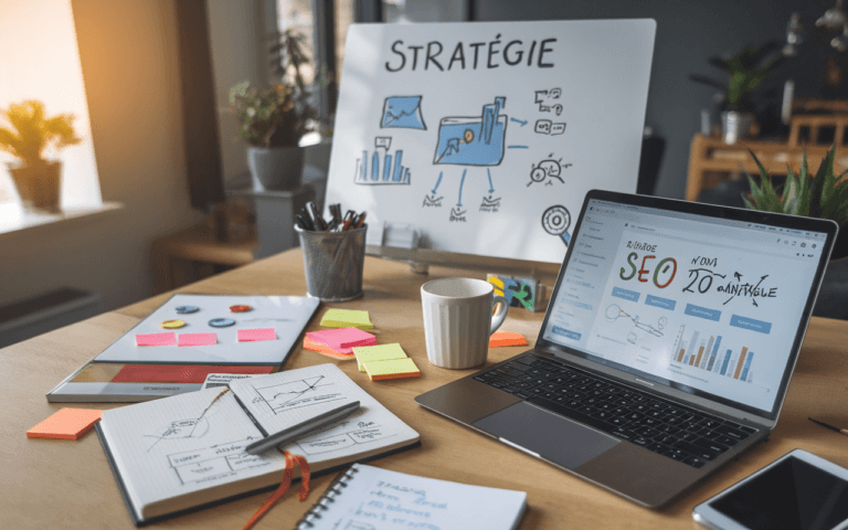 Bureau moderne avec ordinateur portable sur interface d'analyse SEO, carnet avec croquis de stratégie digitale, post-its de mots-clés, et tableau blanc illustrant planification numérique.