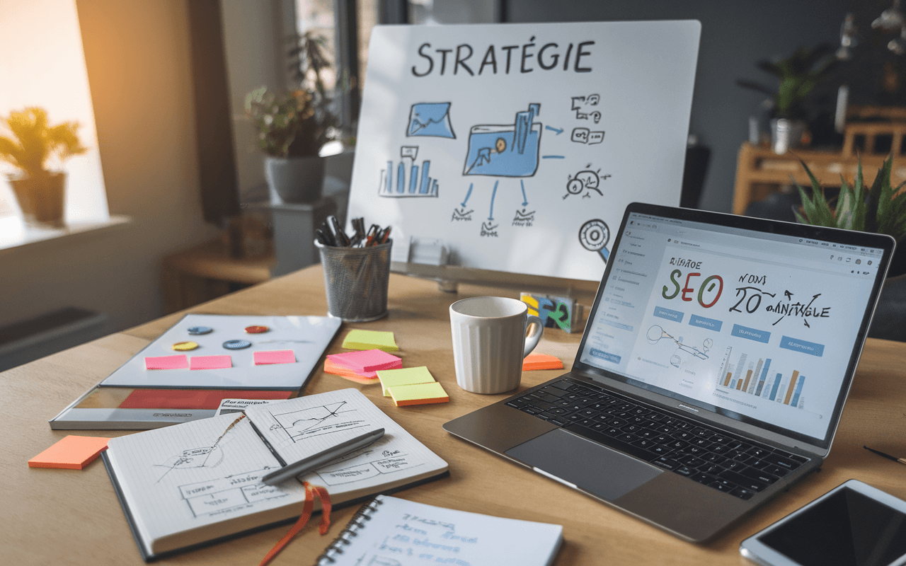Bureau moderne avec ordinateur portable sur interface d'analyse SEO, carnet avec croquis de stratégie digitale, post-its de mots-clés, et tableau blanc illustrant planification numérique.