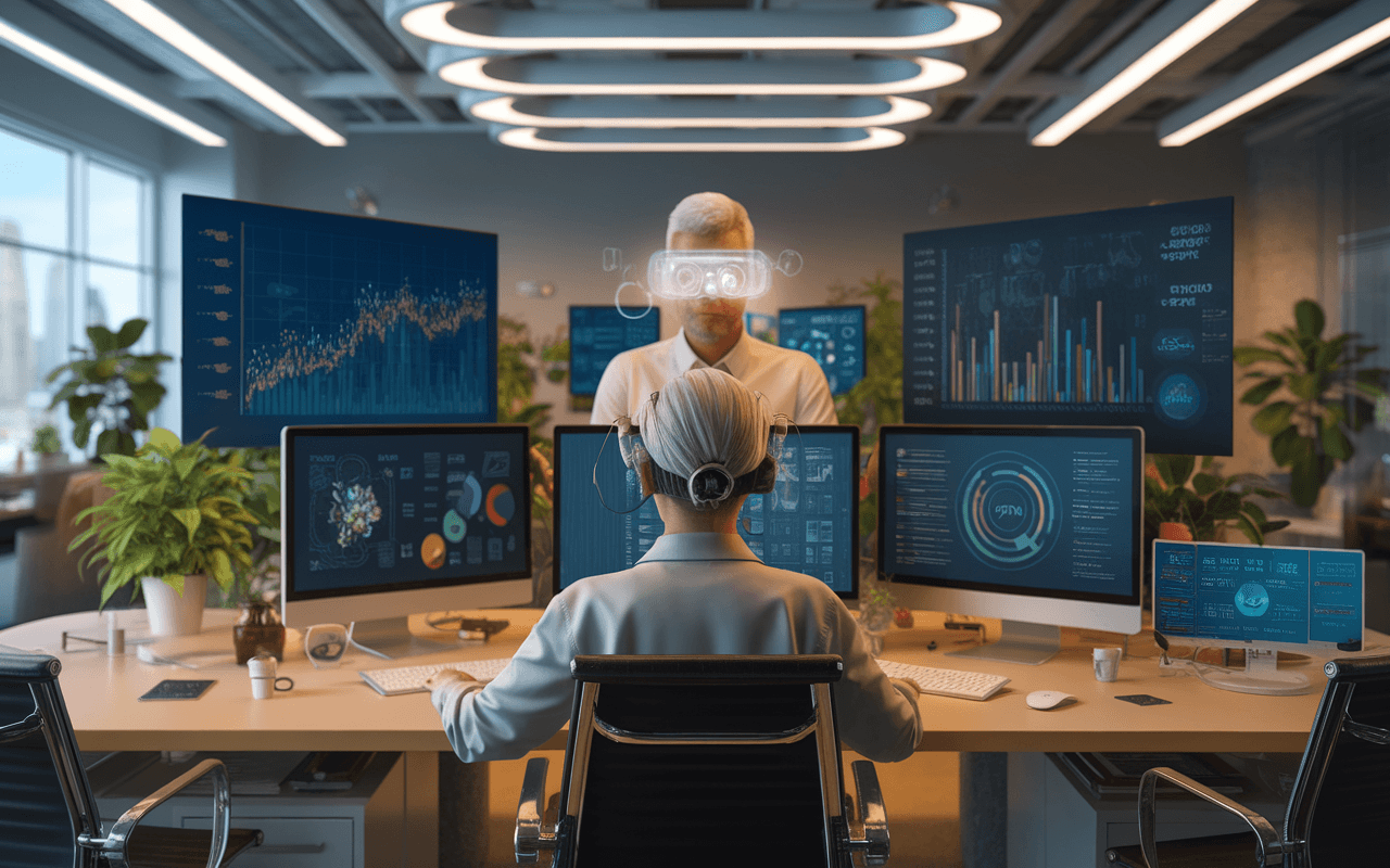 Scène de bureau moderne en 2025 avec technologies avancées, montrant une personne multitâche devant plusieurs écrans illustrant une stratégie digitale, entourée d'hologrammes et de réalité augmentée, dans un espace high-tech et éco-responsable.